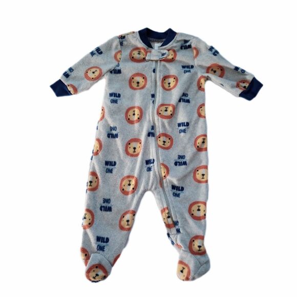 Bon Bebe 2pc Fleece Infant Footed Sleepers sz 0-3M Jungle Lion Gray Blue - Picture 5 of 7